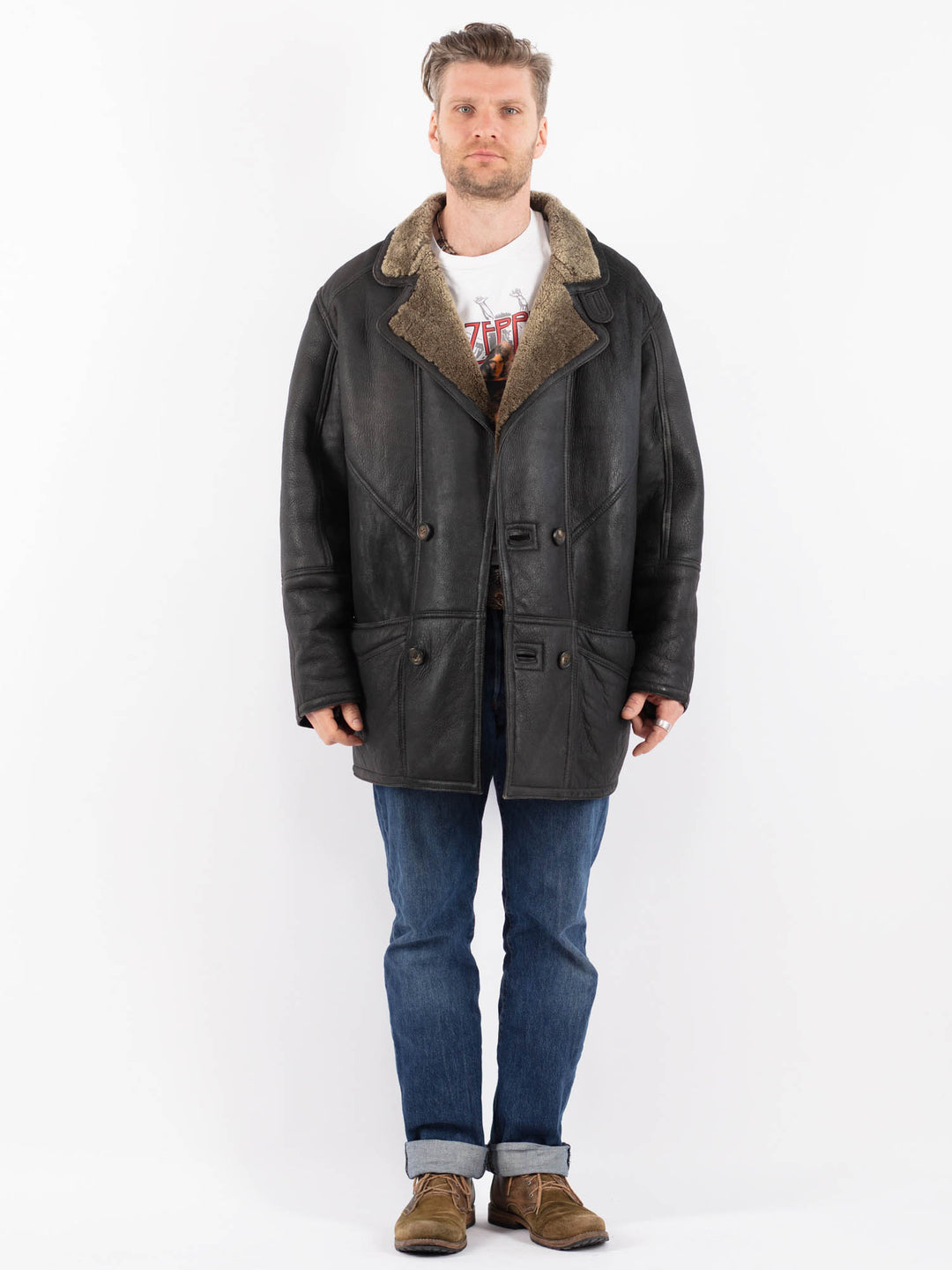 Vintage 90's Men Sheepskin Coat in BlackZ1517