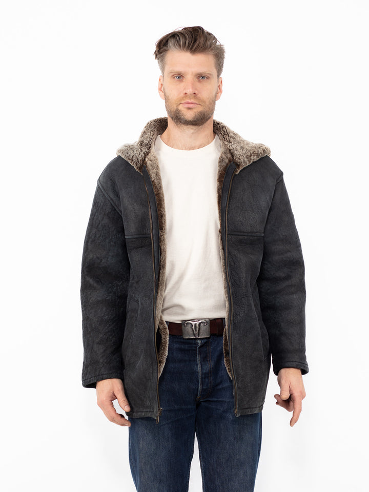 Vintage 90's Men Hooded Sheepskin Shearling Coat in Black
