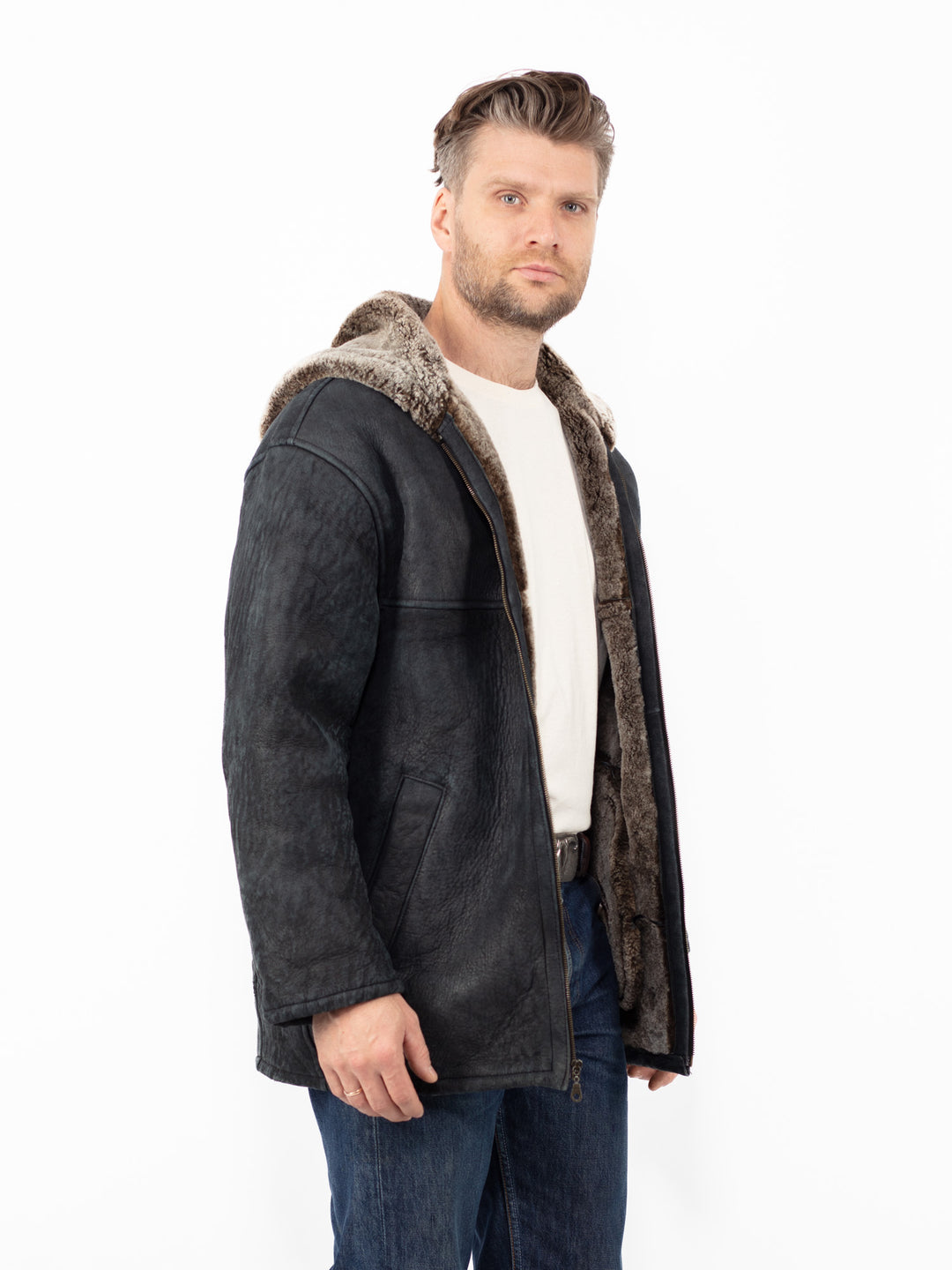 Vintage 90's Men Hooded Sheepskin Shearling Coat in Black