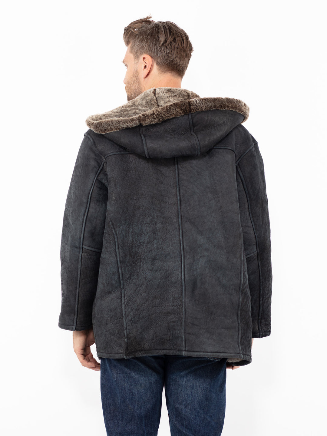 Vintage 90's Men Hooded Sheepskin Shearling Coat in Black