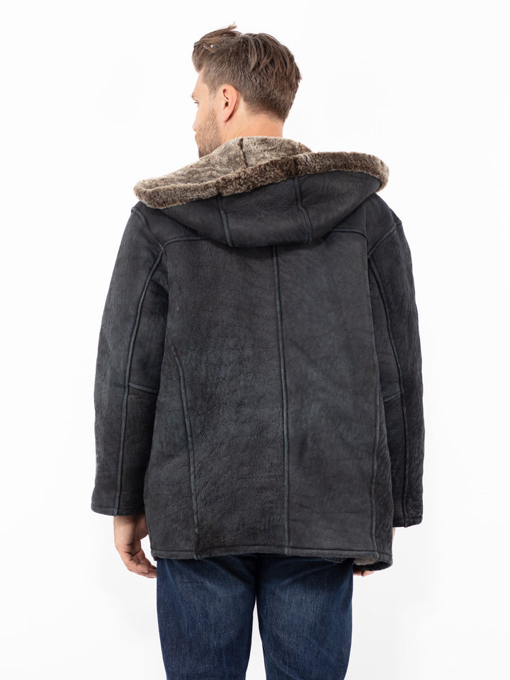 Vintage 90's Men Hooded Sheepskin Shearling Coat in Black