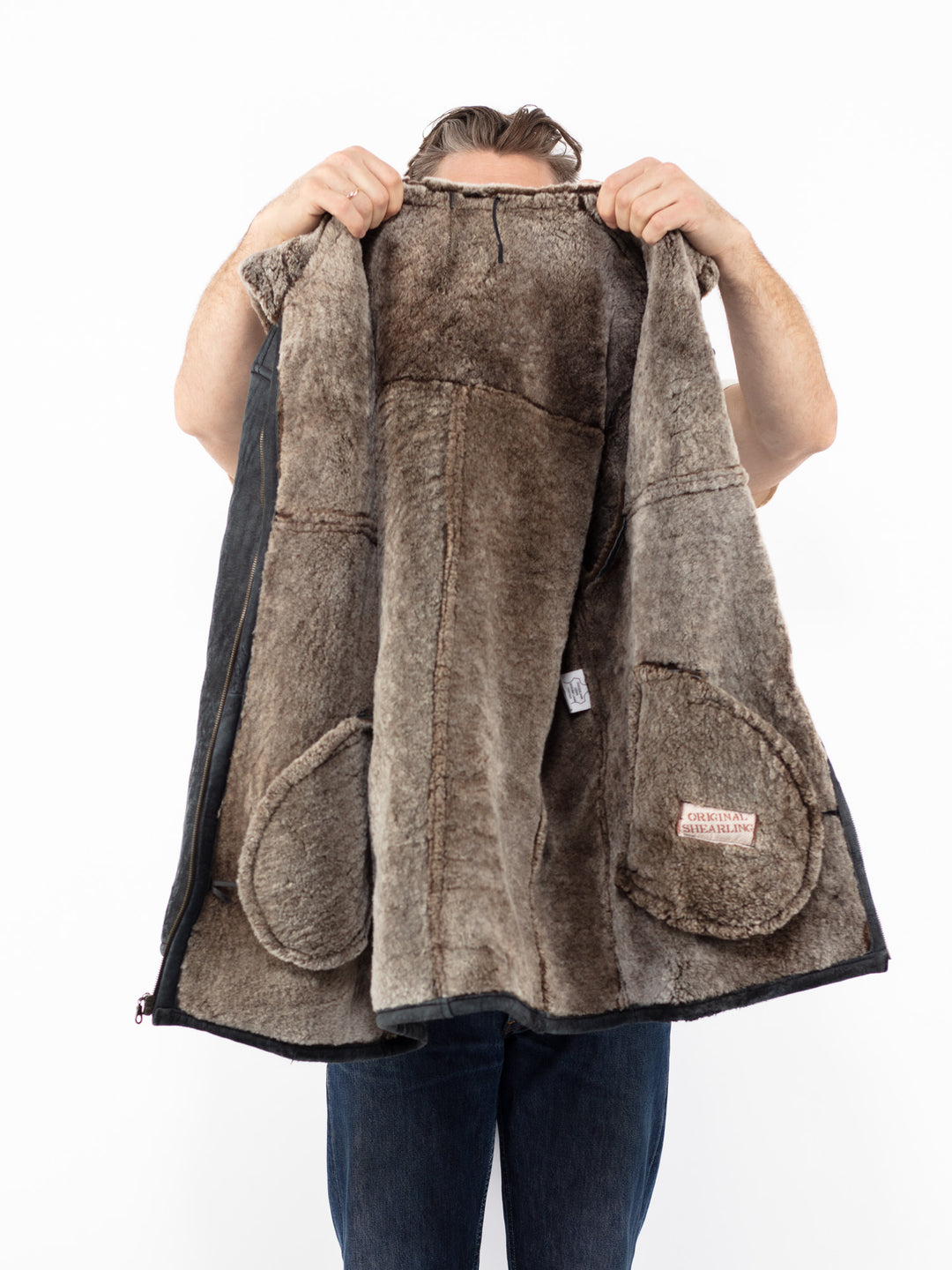 Vintage 90's Men Hooded Sheepskin Shearling Coat in Black