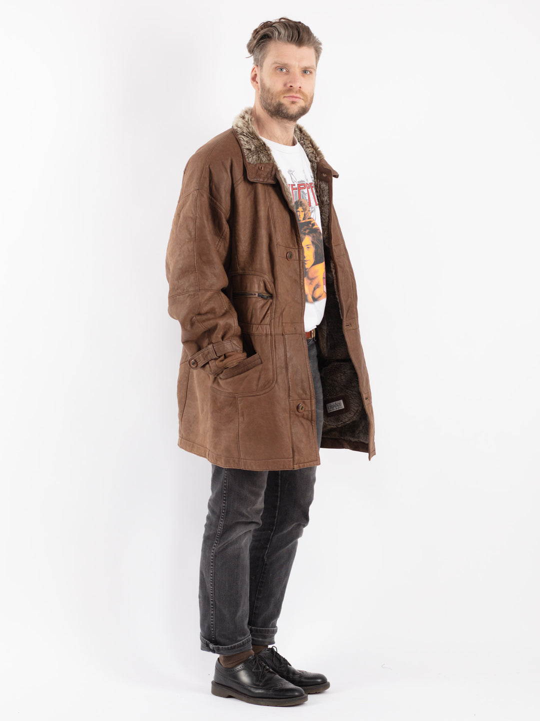 Vintage 90's Men Sheepskin Coat in Brown