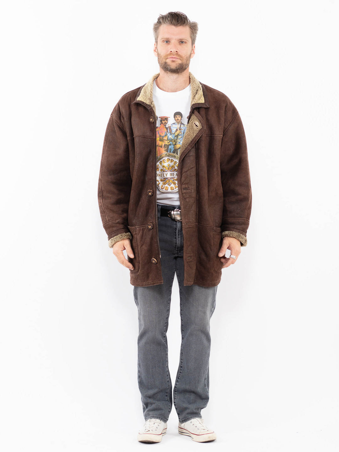 Vintage 90's Men Sheepskin Coat in BrownZ1937