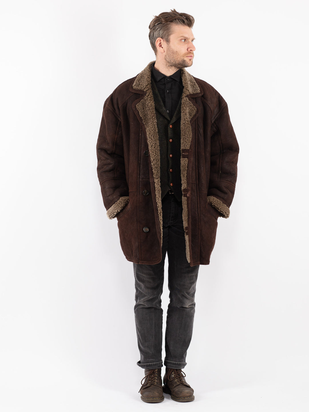 Vintage 90's Men Sheepskin Coat in Brown