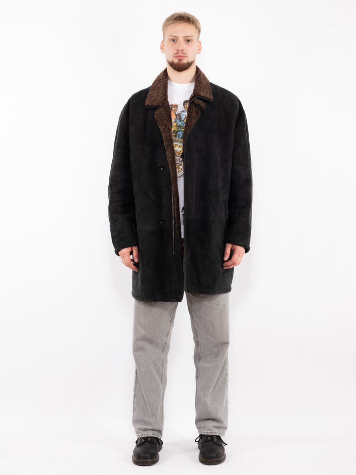 Vintage 90's Men Sheepskin Shearling Coat in Black