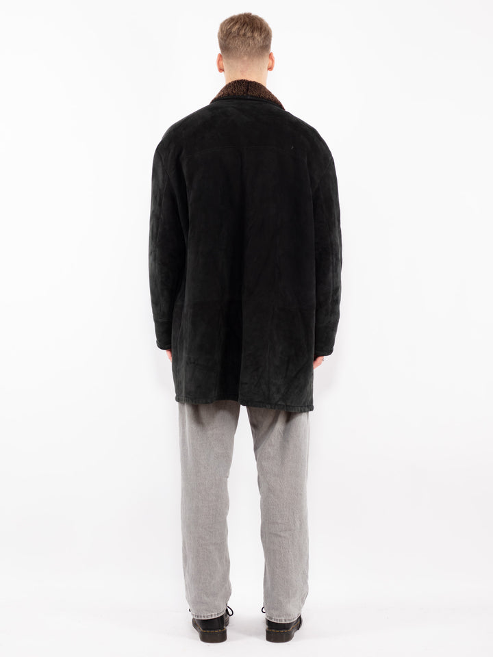 Vintage 90's Men Sheepskin Shearling Coat in Black