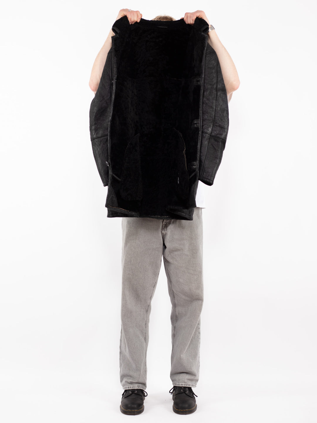 Vintage 90's Men Sheepskin Leather Coat in Black