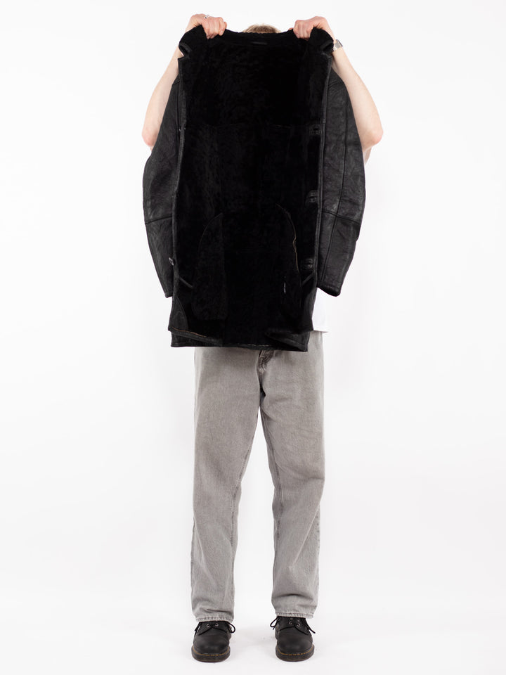 Vintage 90's Men Sheepskin Leather Coat in Black