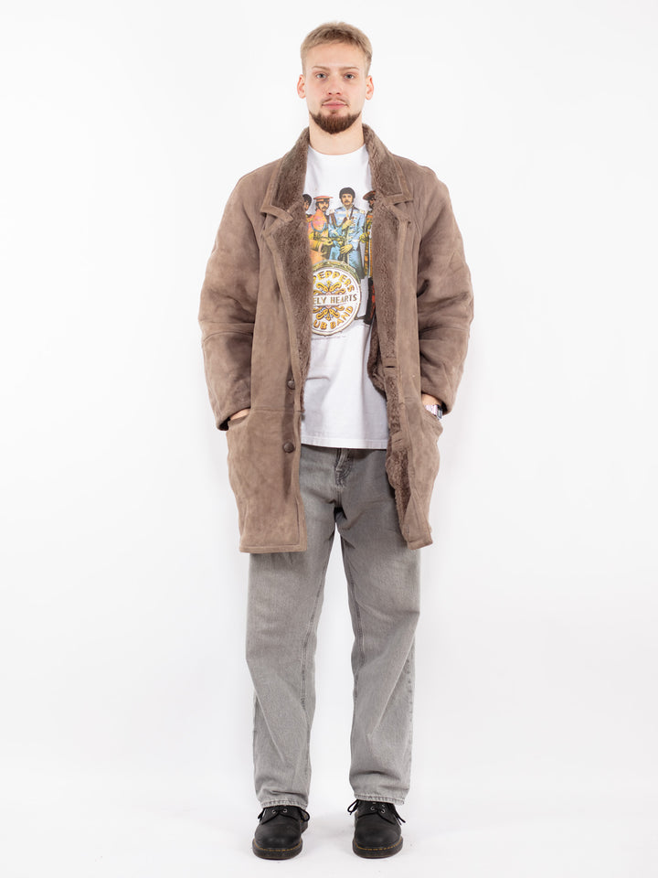 Vintage 90's Men Sheepskin Coat in Beige