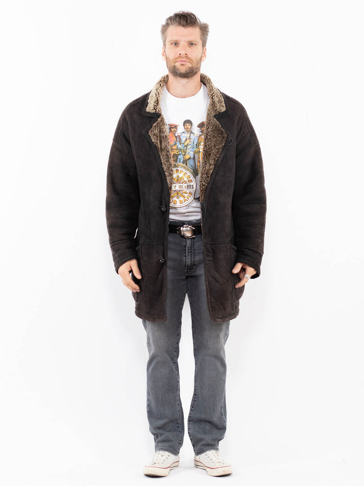 Vintage 90's Men Sheepskin Coat in Faded Black