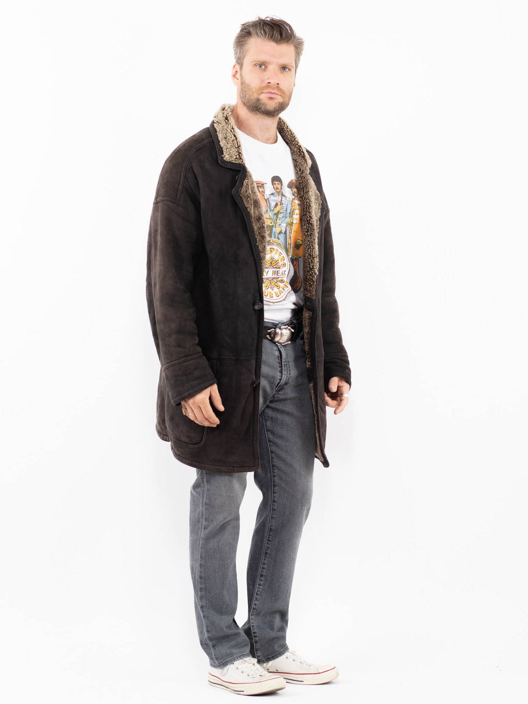 Vintage 90's Men Sheepskin Coat in Faded Black