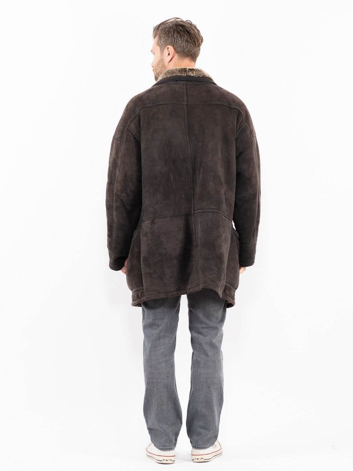Vintage 90's Men Sheepskin Coat in Faded Black