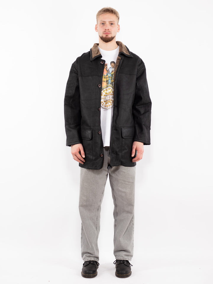 Vintage 90's Men Sheepskin Leather Coat in Black