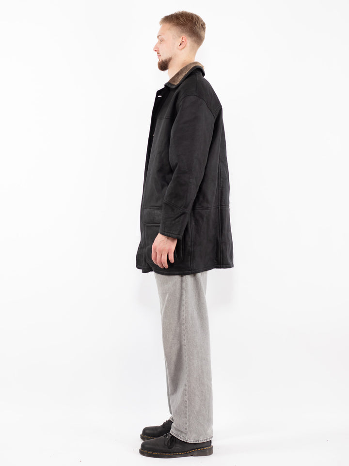 Vintage 90's Men Sheepskin Leather Coat in Black