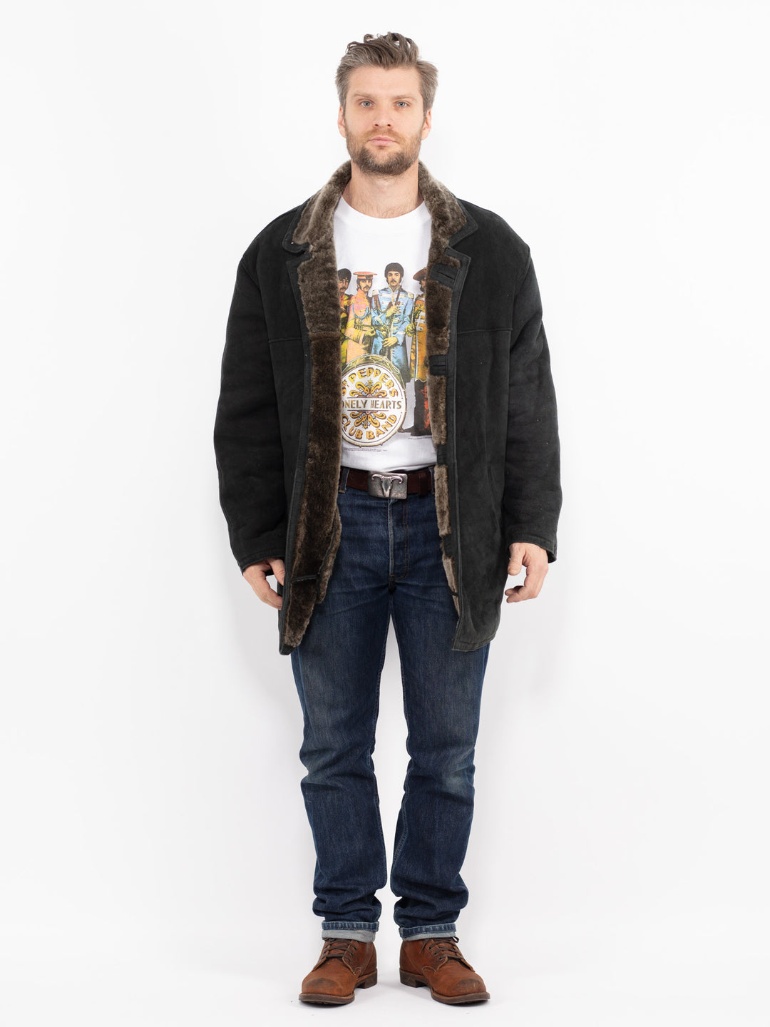 Vintage 90's Men Sheepskin Coat in BlackZ2679