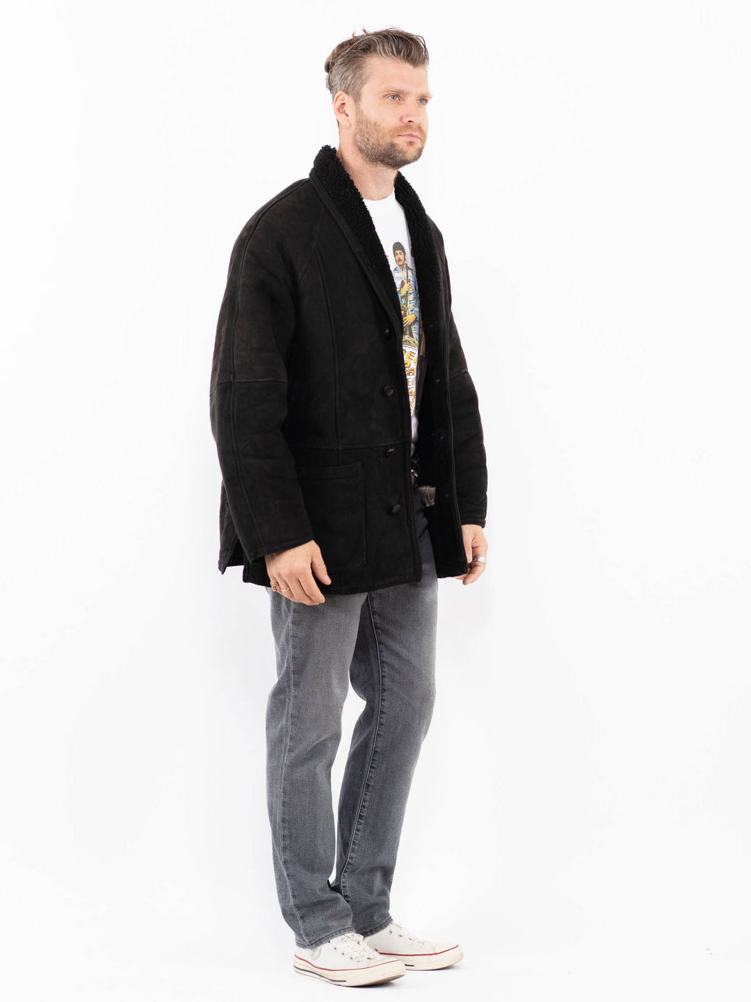 Vintage 90's Men Sheepskin Coat in BlackZ1948