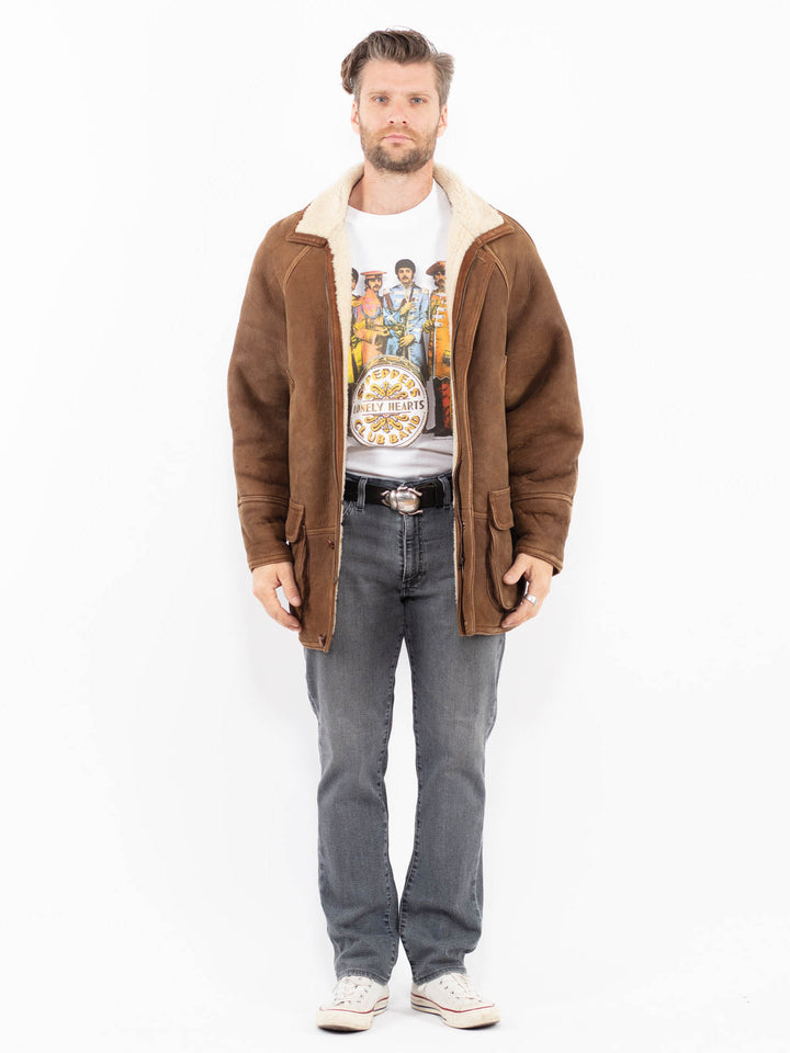 Vintage 90's Men Sheepskin Coat in BrownZ1949