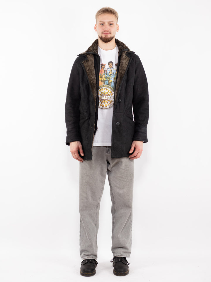 Vintage 90's Men Sheepskin Coat in Black