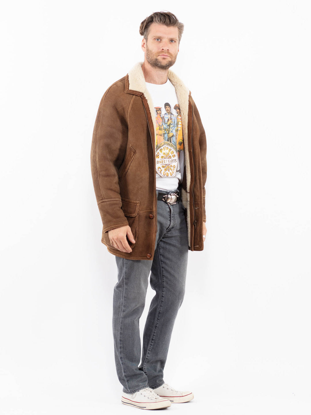 Vintage 90's Men Sheepskin Coat in BrownZ1949