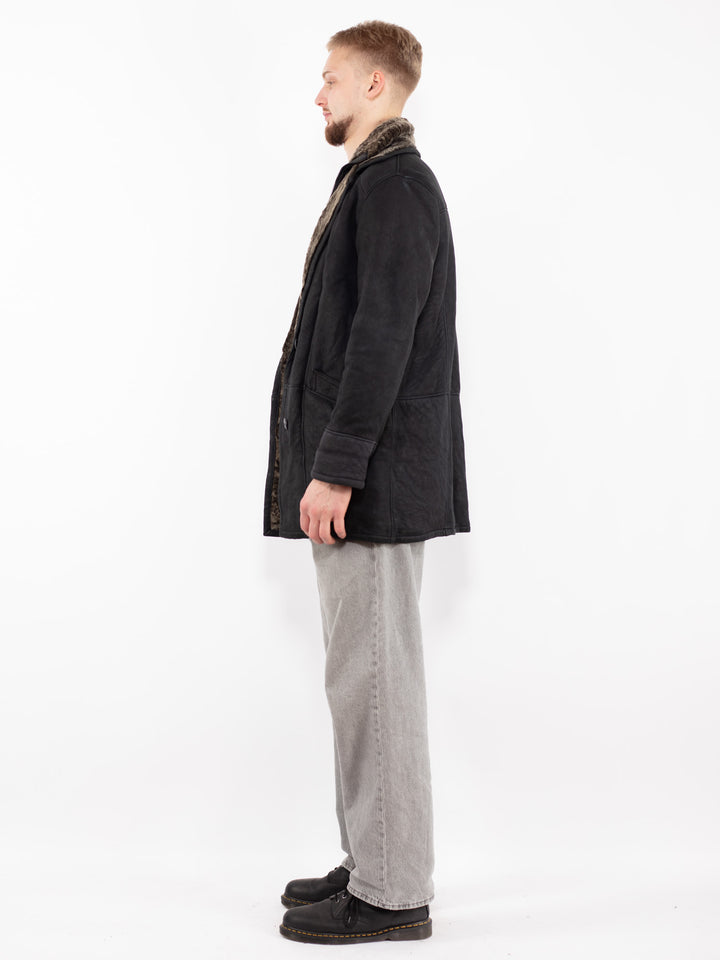 Vintage 90's Men Sheepskin Coat in Black