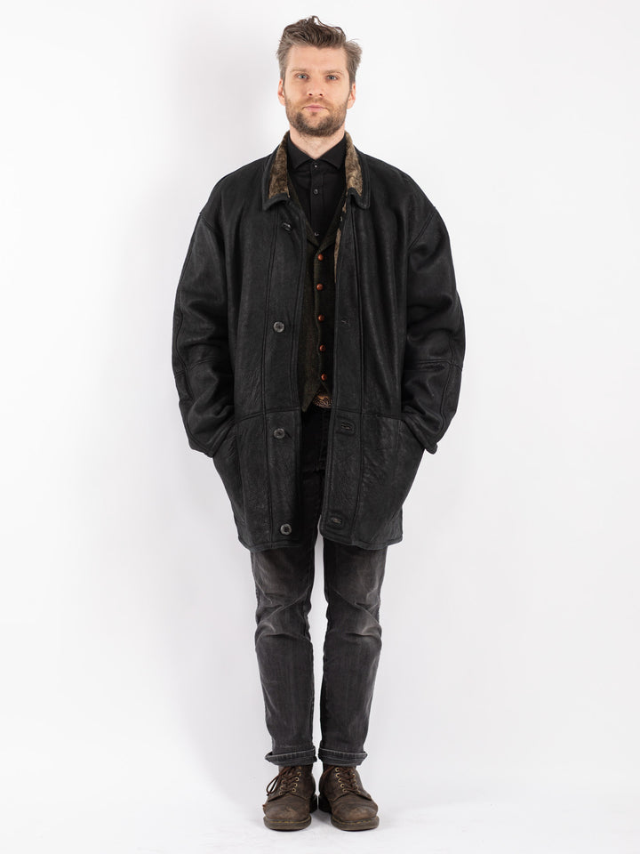 Vintage 90's Men Sheepskin Coat in Black