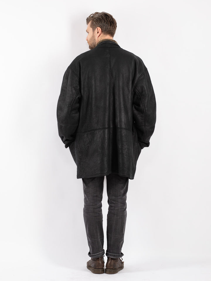 Vintage 90's Men Sheepskin Coat in Black