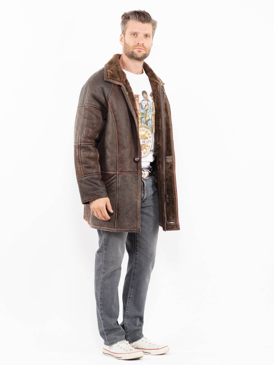Vintage 90's Men Sheepskin Coat in BrownZ1951