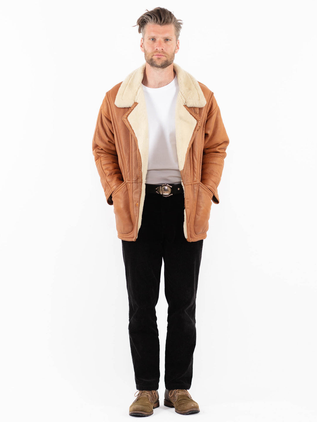 Vintage 90's Men Sheepskin Shearling Coat in BrownZ1853