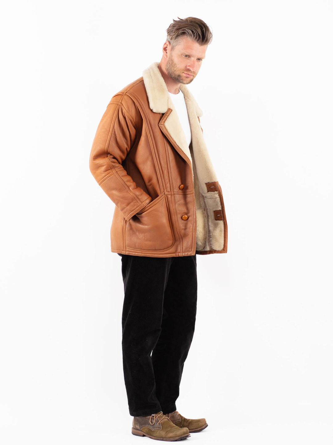 Vintage 90's Men Sheepskin Shearling Coat in BrownZ1853