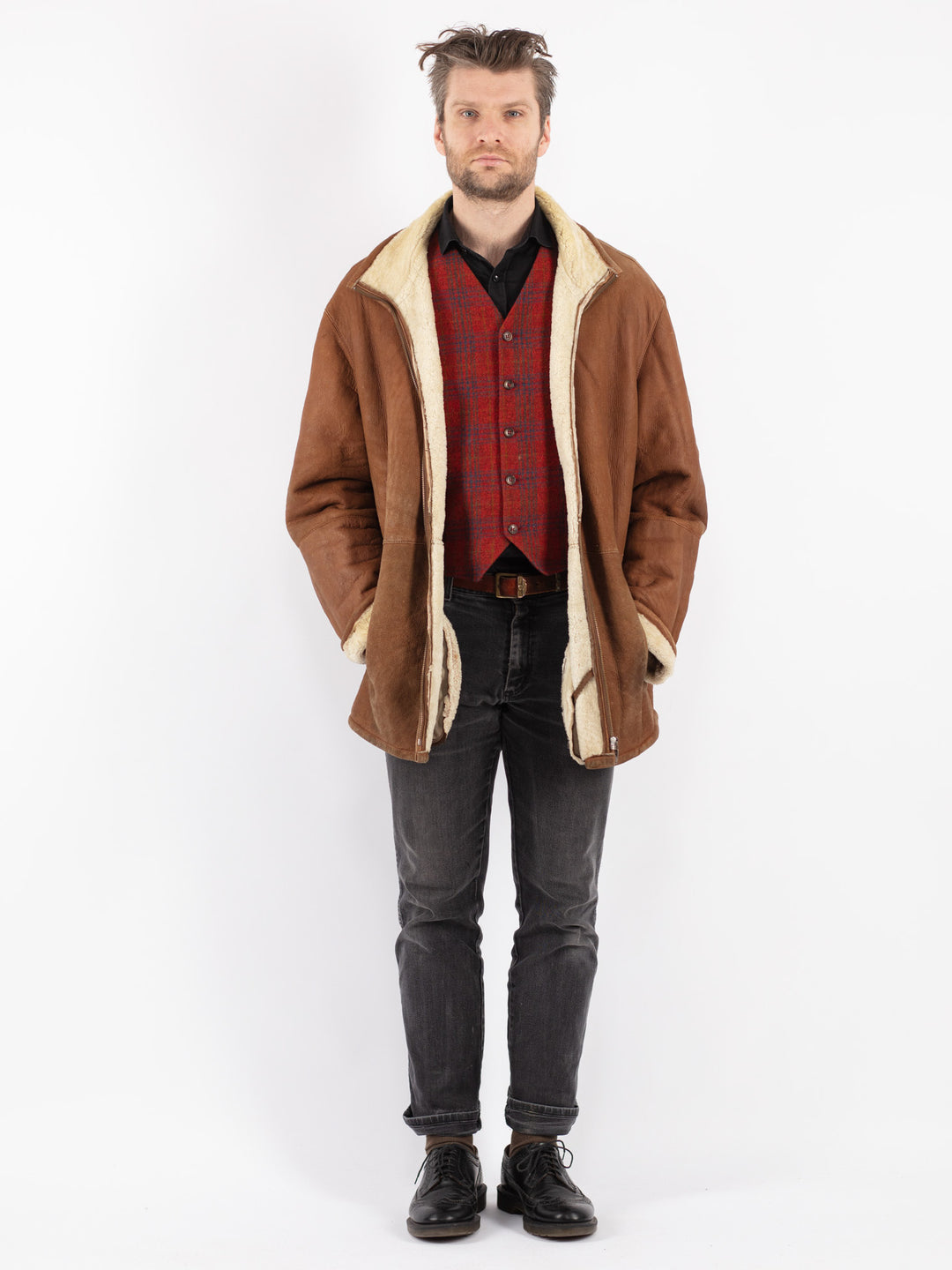 Vintage 90's Men Sheepskin Coat in Brown