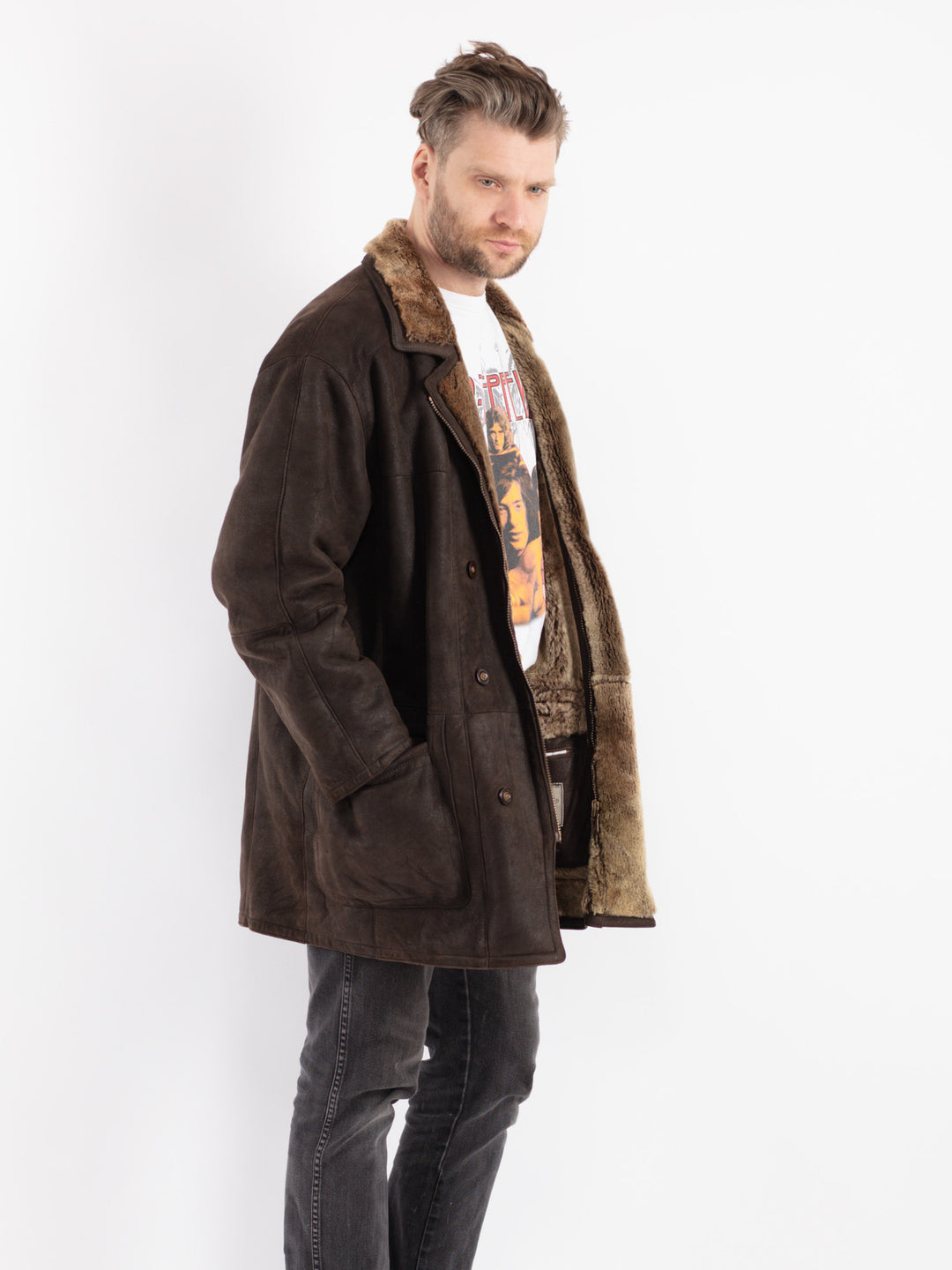 Vintage 90's Men Sheepskin Coat in Brown