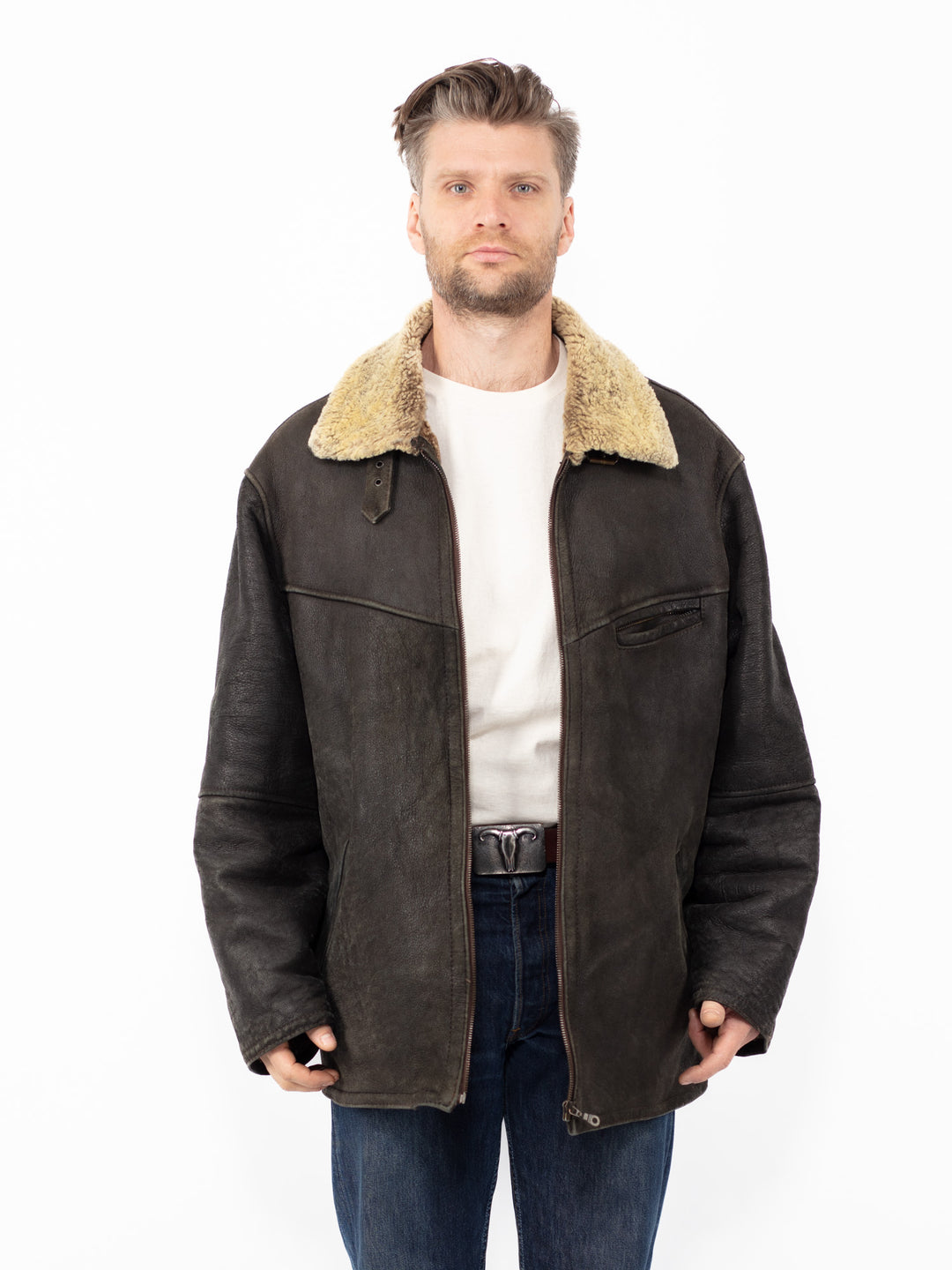 Vintage 90's Men Sheepskin Coat in BlackZ2565