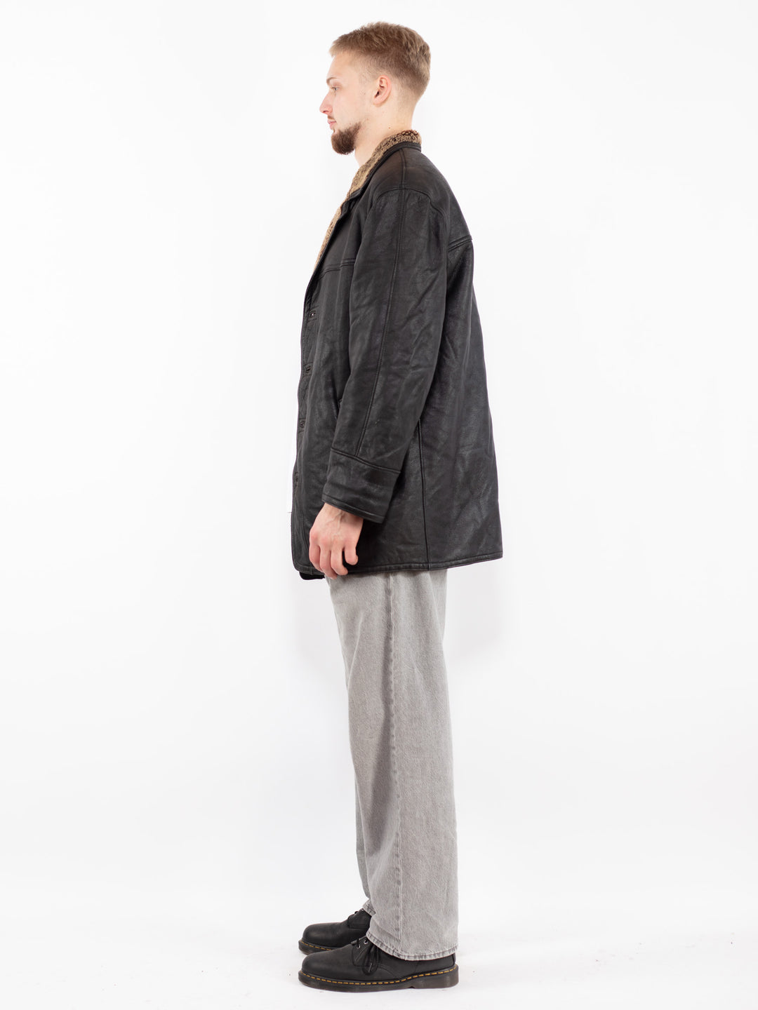 Vintage 90's Men Sheepskin Shearling Coat in Black