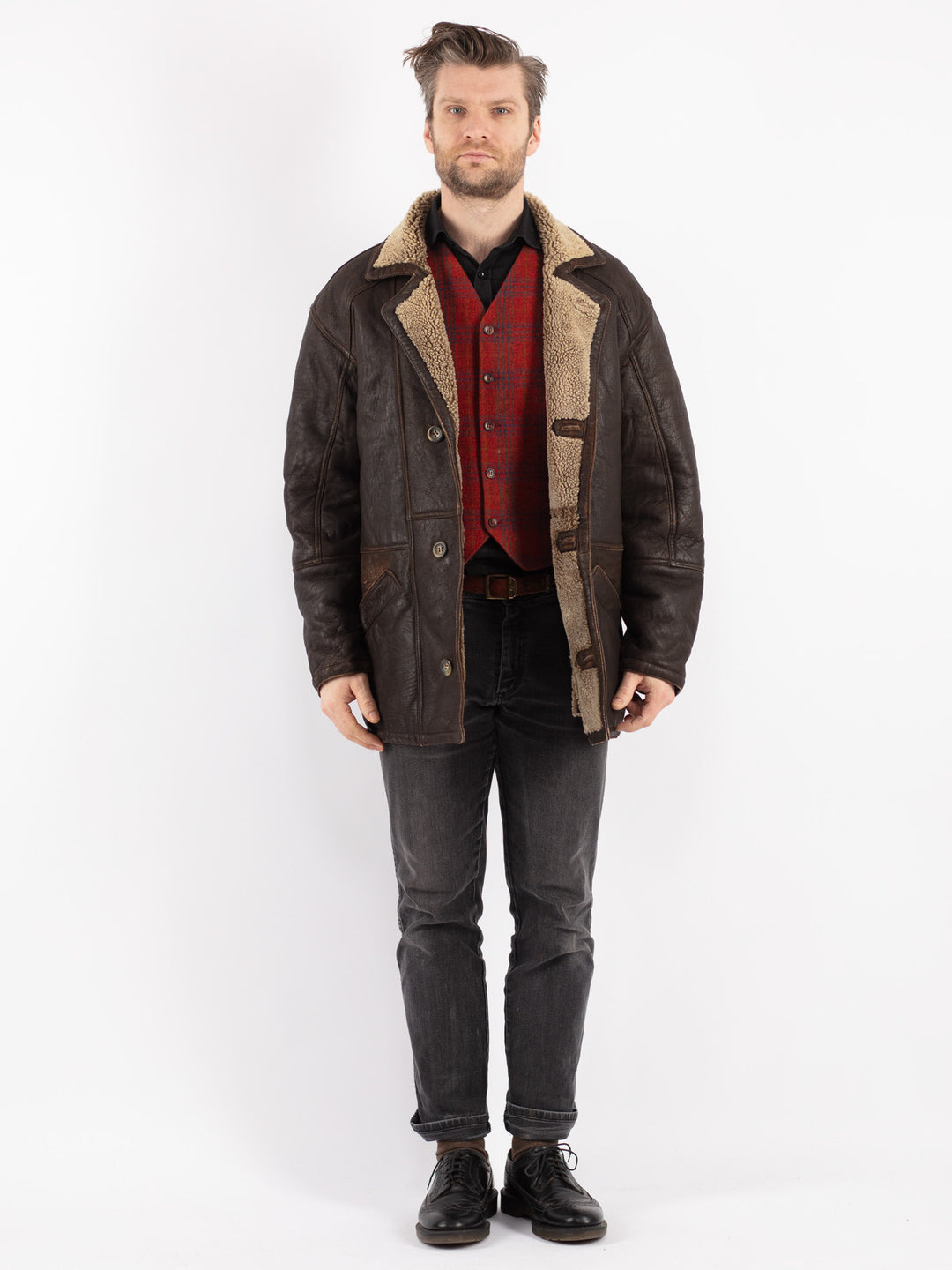 Vintage 90's Men Sheepskin Coat in Brown