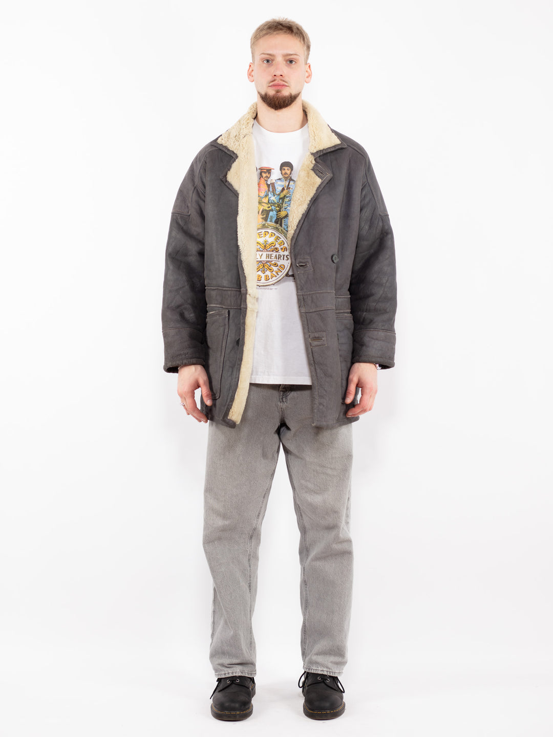 Vintage 90's Men Sheepskin Coat in GrayZ2496