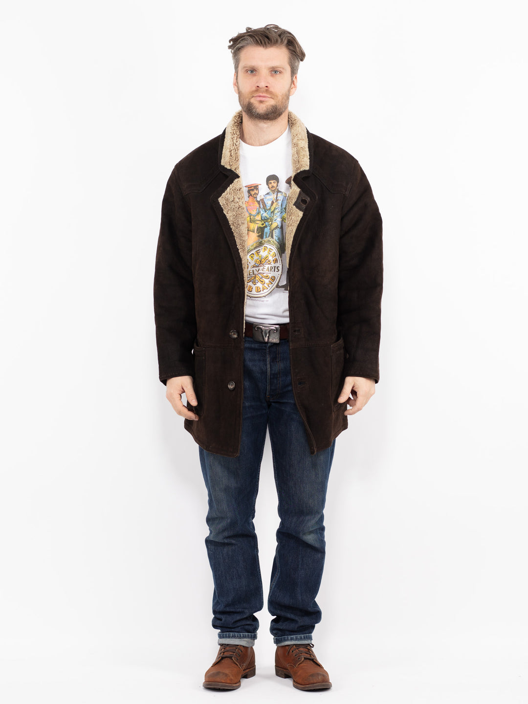 Vintage 90's Men Sheepskin Shearling Coat in BrownZ2694