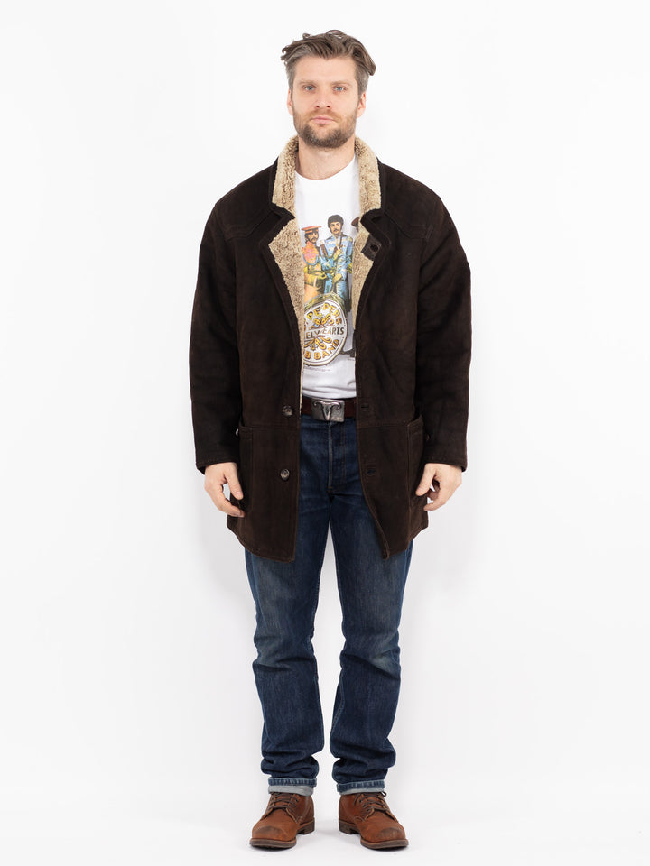 Vintage 90's Men Sheepskin Shearling Coat in BrownZ2694