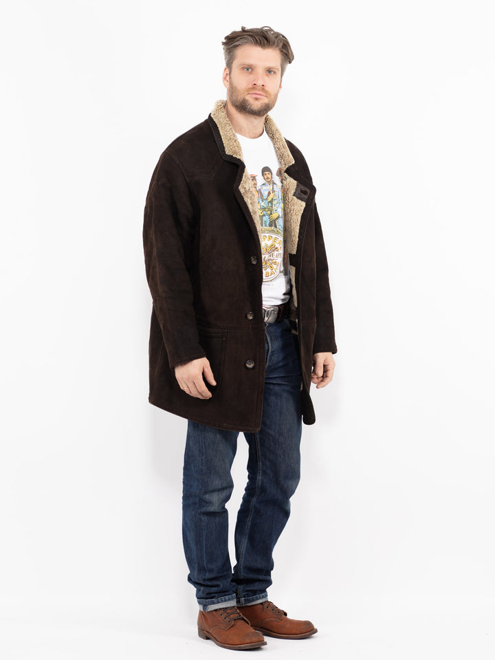 Vintage 90's Men Sheepskin Shearling Coat in BrownZ2694