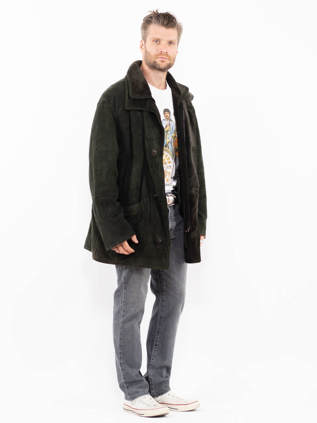 Vintage 90's Men Sheepskin Coat in GreenZ1963