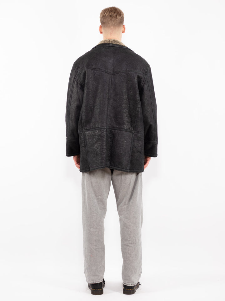 Vintage 90's Men Sheepskin Leather Coat in Black