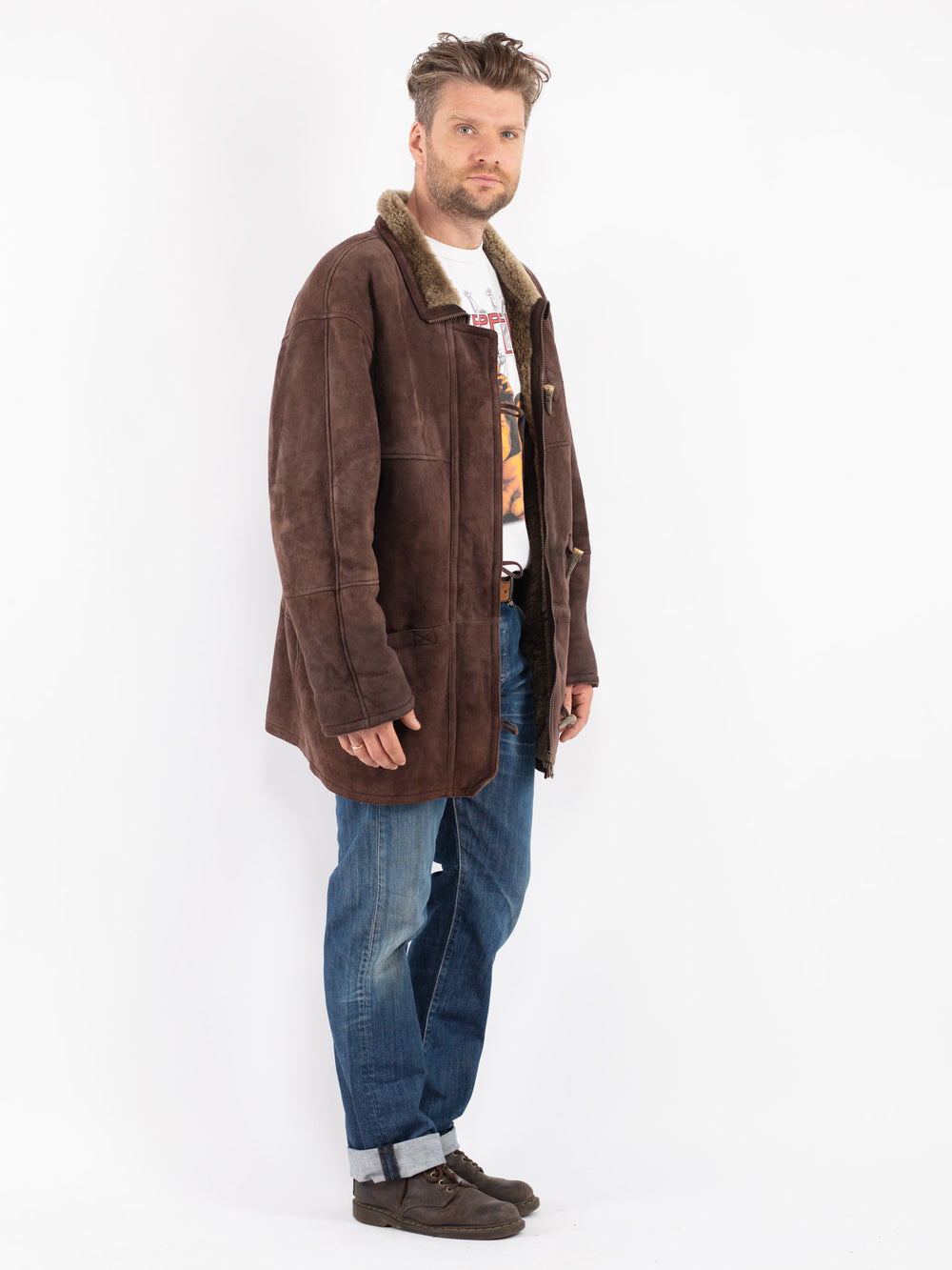 Vintage 90's Men Sheepskin Coat in Brown