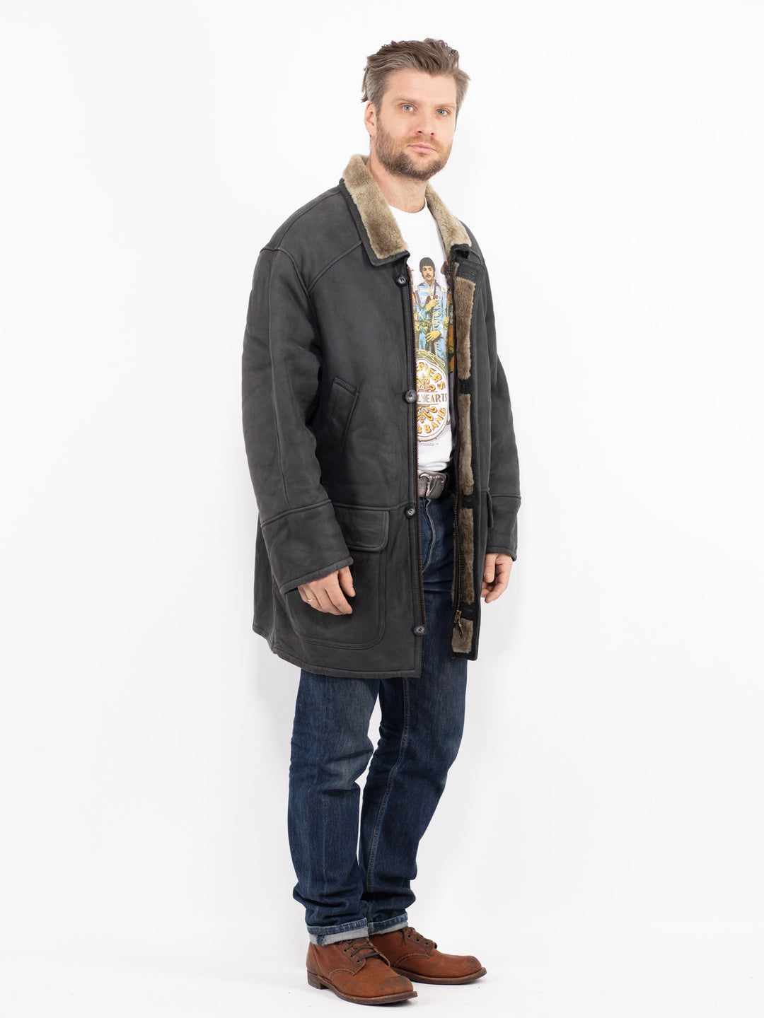 Vintage 90's Men Sheepskin Coat in GrayZ2697