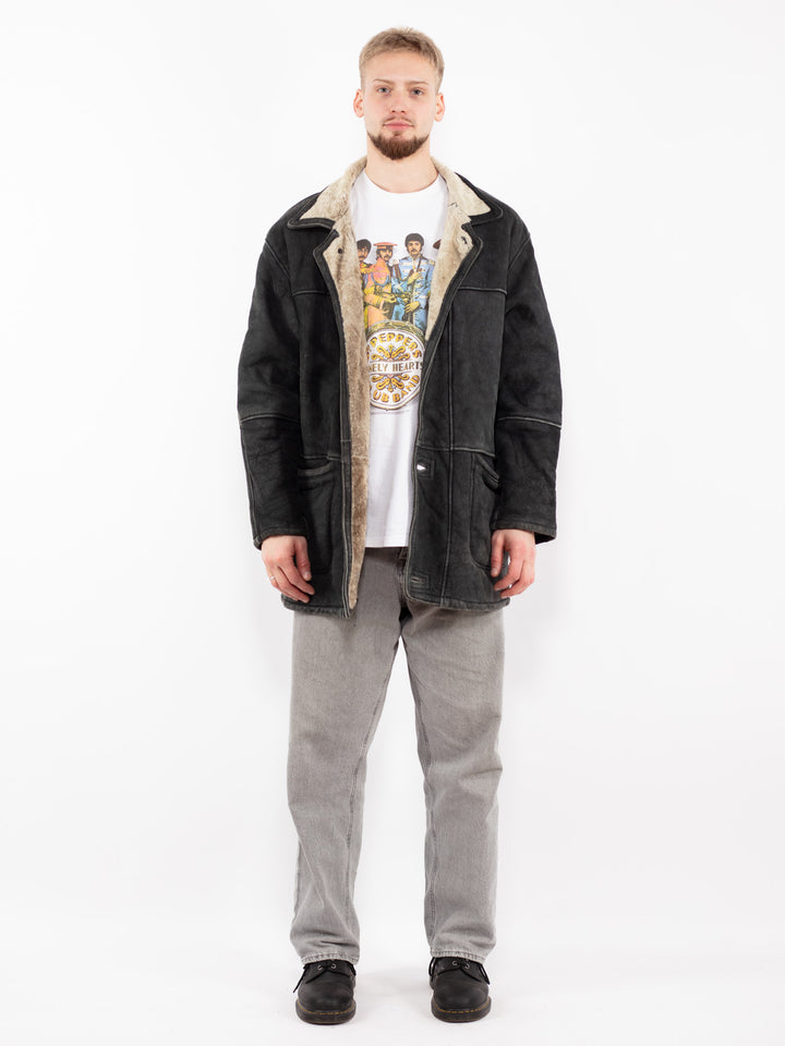 Vintage 90's Men Sheepskin Coat in Faded Black