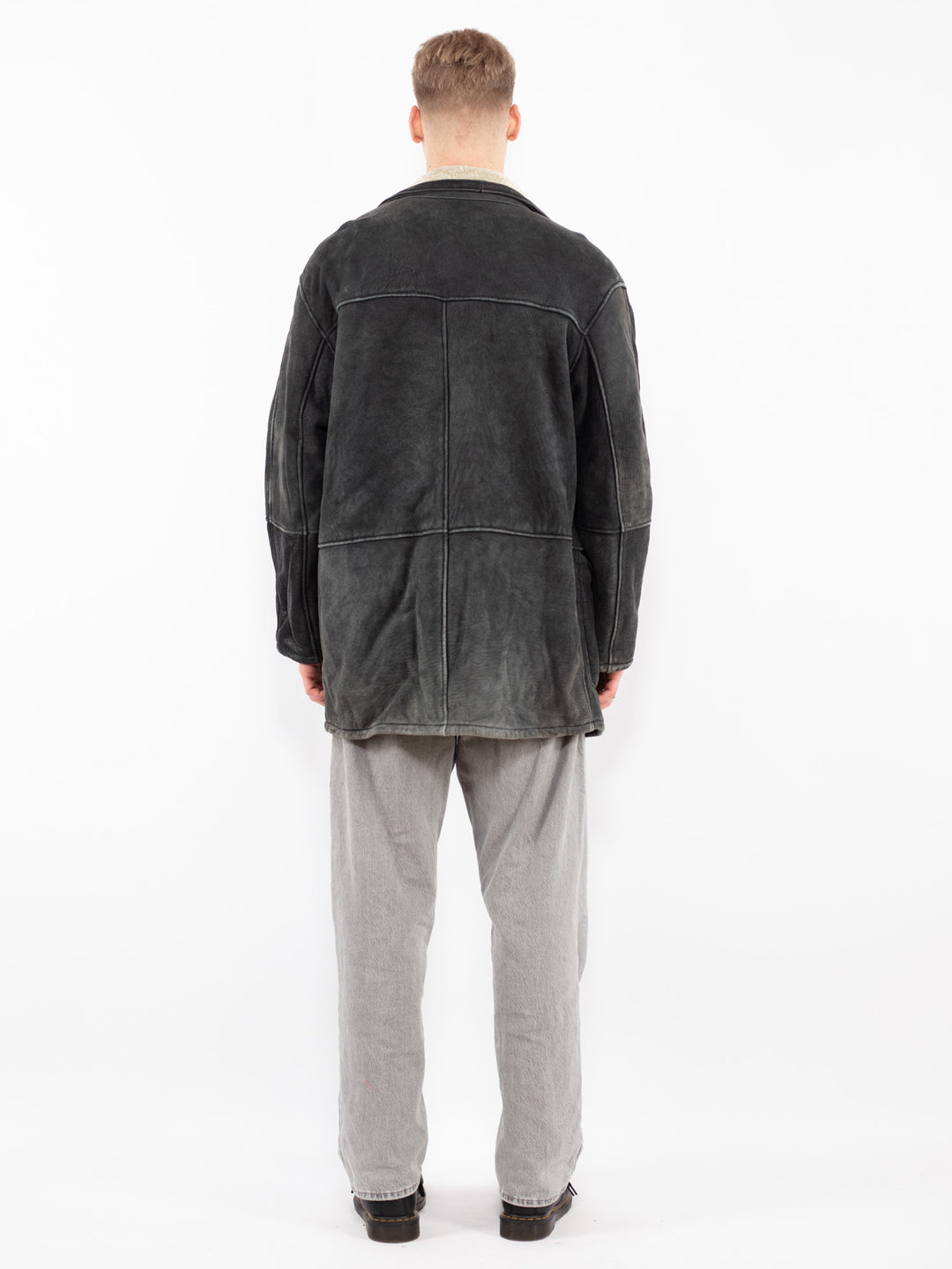 Vintage 90's Men Sheepskin Coat in Faded Black