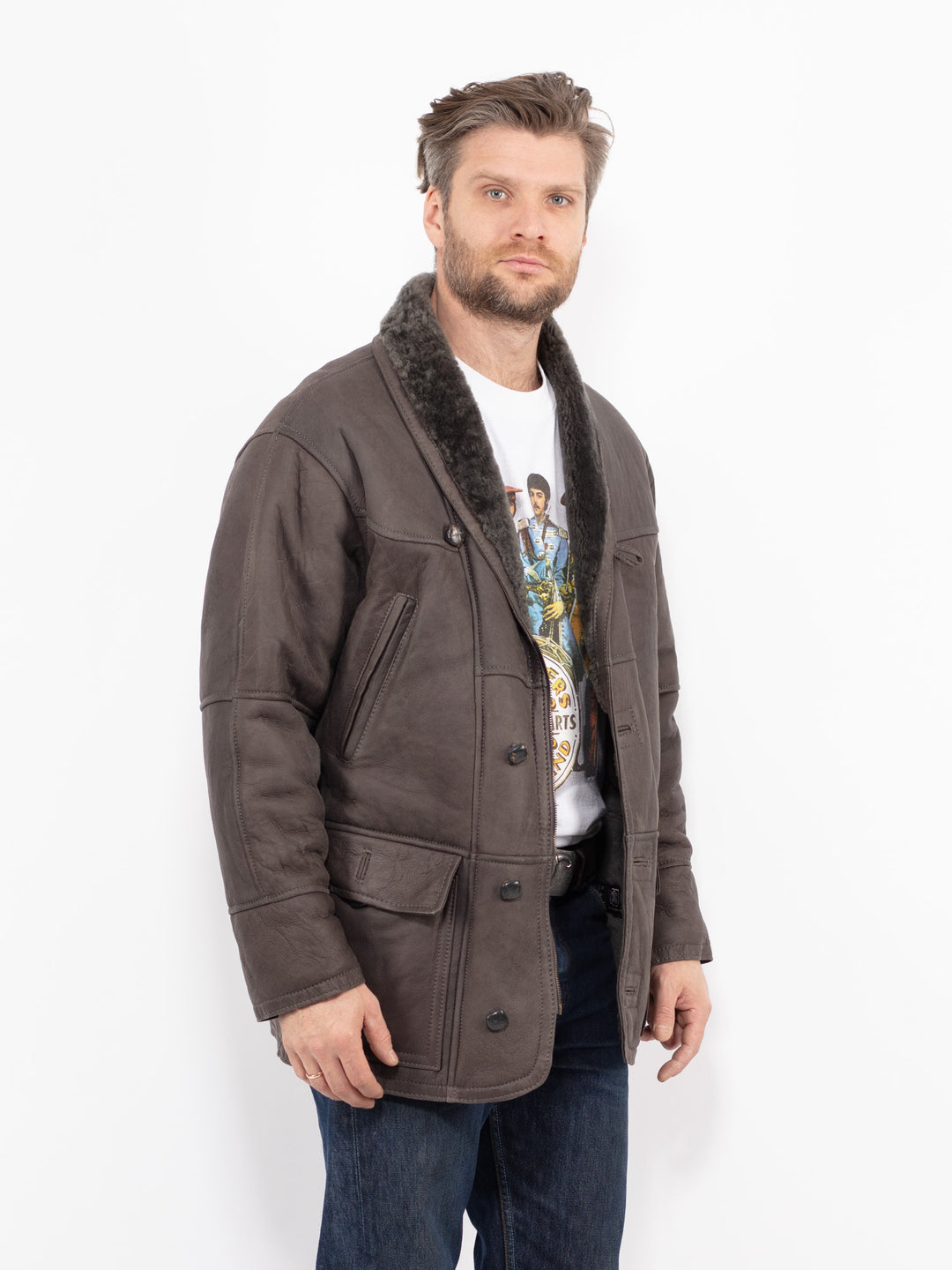 Vintage 90's Men Sheepskin Coat in GrayZ2698