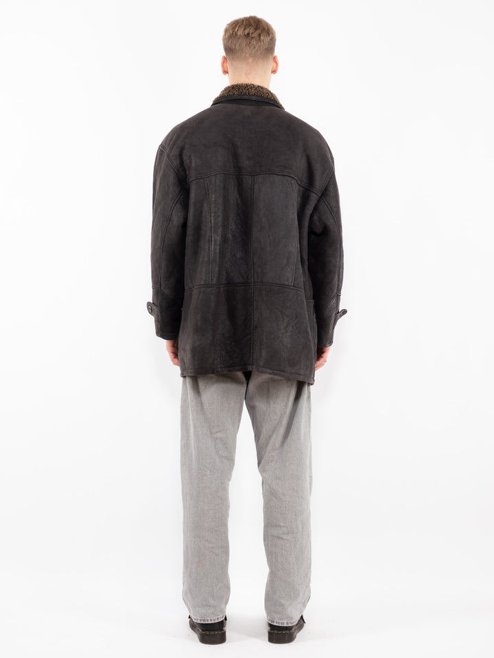 Vintage 90's Men Sheepskin Leather Coat in Black