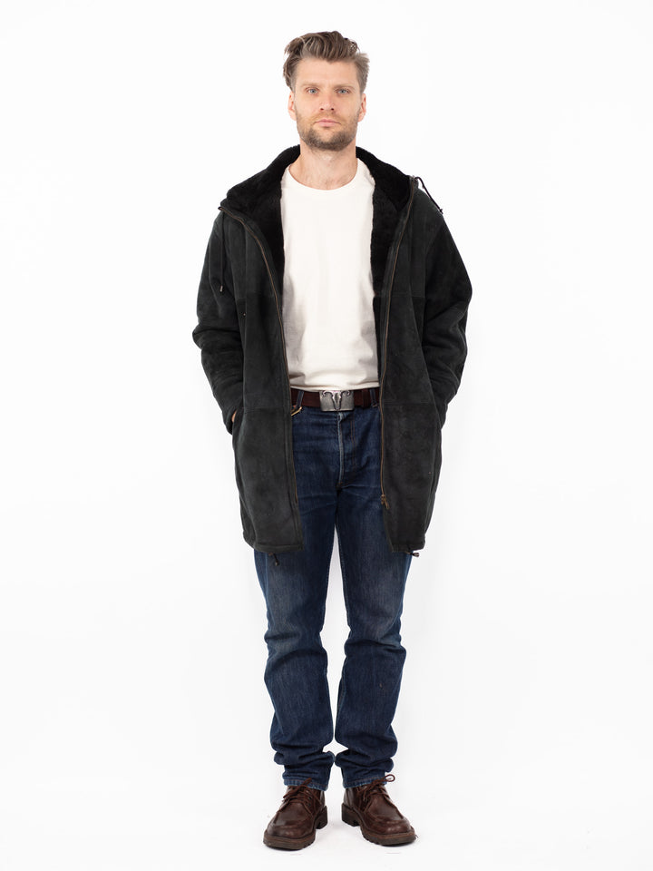 Vintage 90's Men Hooded Sheepskin Coat in Black