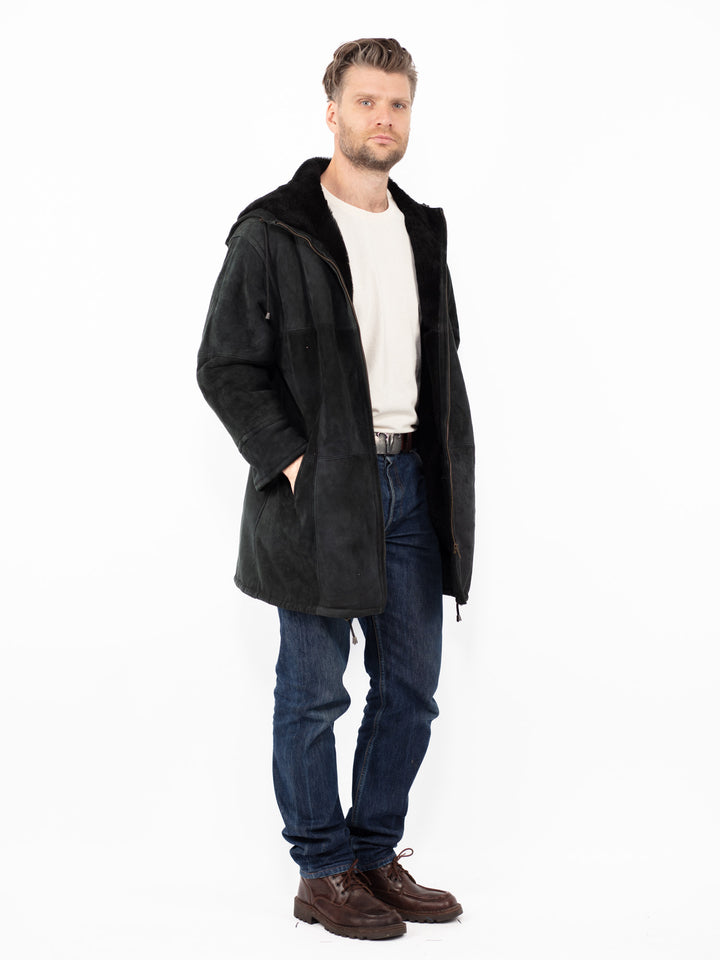 Vintage 90's Men Hooded Sheepskin Coat in Black
