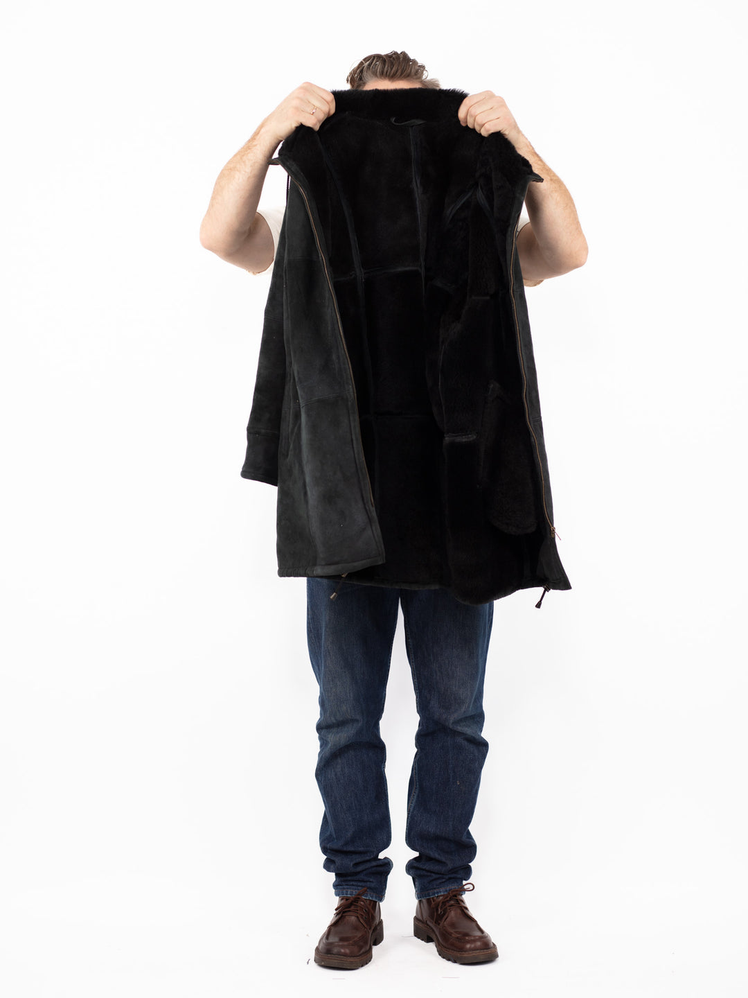 Vintage 90's Men Hooded Sheepskin Coat in Black